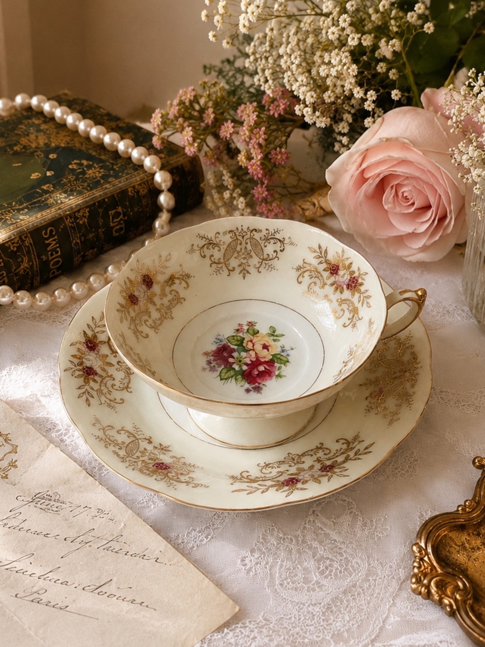 Vintage Delmar 24K Gold Japan Teacup & Saucer Hand Painted Floral Footed Cup